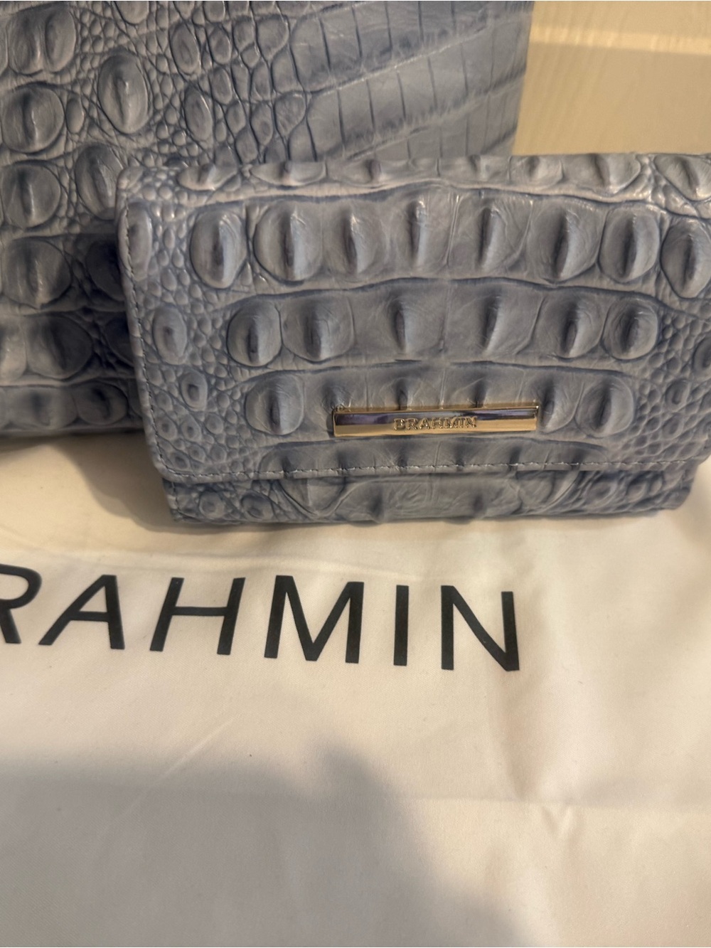 Brahmin Light Blue Croc-Embossed Leather Shoulder Hobo Gwynn Bag with Wallet - Picture 2 of 7